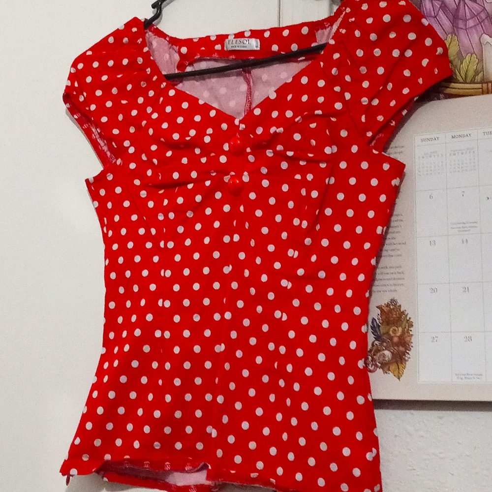 Red with white polka dots top